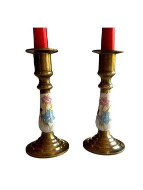 Pair of Vintage Classic Brass and Porcelain Candle Holders 5 3/4 in tall